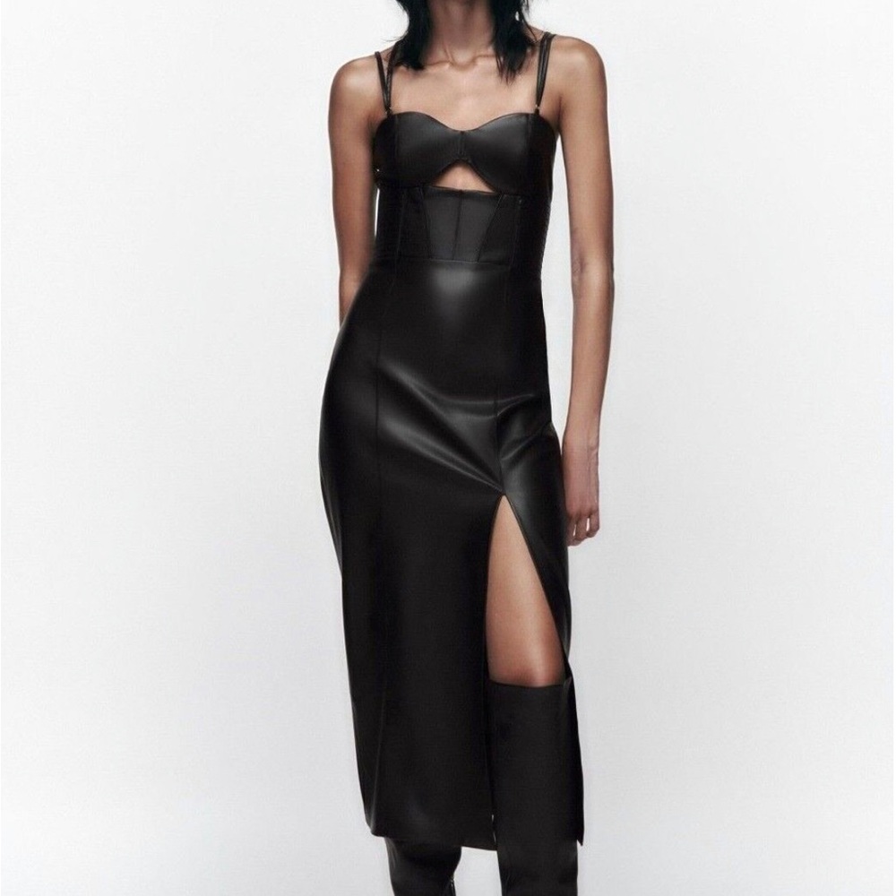 Zara vegan leather cutout midi dress